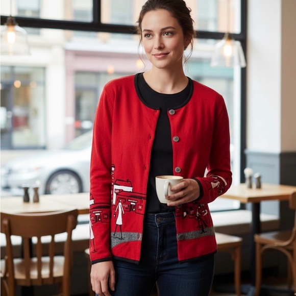 Koret Sweaters - Vintage Koret Cityscapes Cardigan Red with Buttons and Long Sleeves